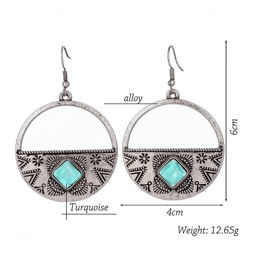 Silver Turquoise Gem Round Boho Drop Earrings